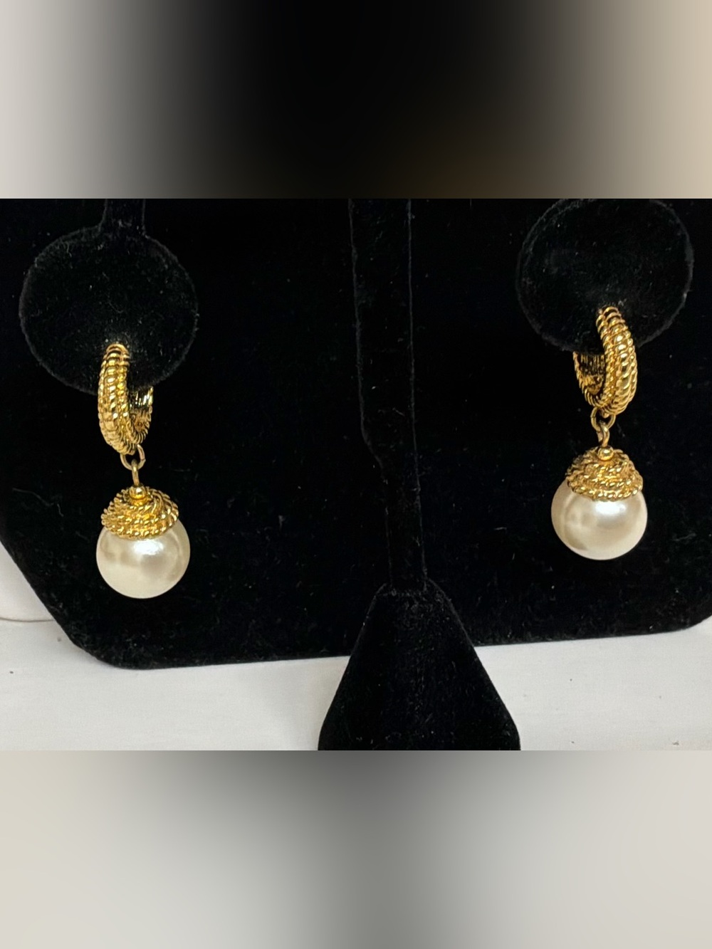 Vintage Napier Gold Tone Rope Hoop Faux Pearl Drop Earrings Signed 80s 90s